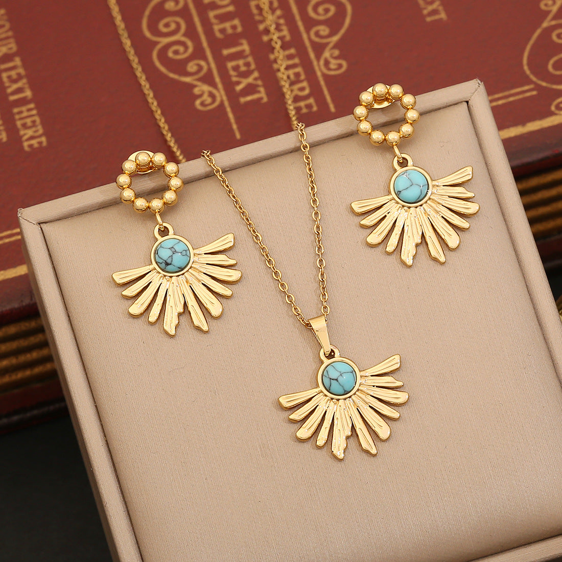 Vintage Geometric Irregular Pendant Necklace Set with Turquoise Accents Stainless Steel Heart Charm and O-Chain