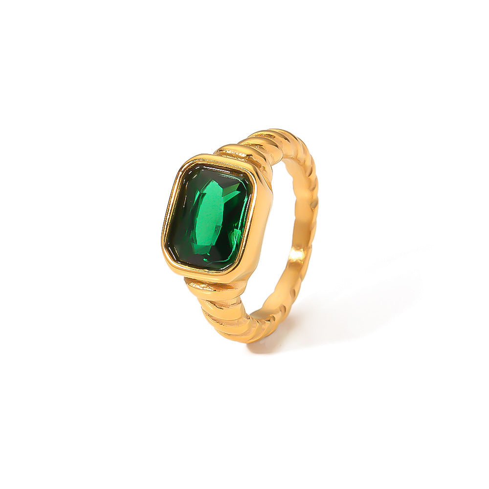 Anello Minimalista Geometrico Smeraldo Verde Strass da Donna in Acciaio Inossidabile Placcato Oro 18K