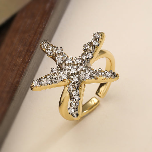 Minimalist Geometric Starfish and Seashell Open Ring for Women in Copper with Micro-Pave Zirconia