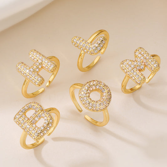Minimalist Geometric Letter Shape Copper Ring with 18K Gold Plating and Zircon Accents for Women