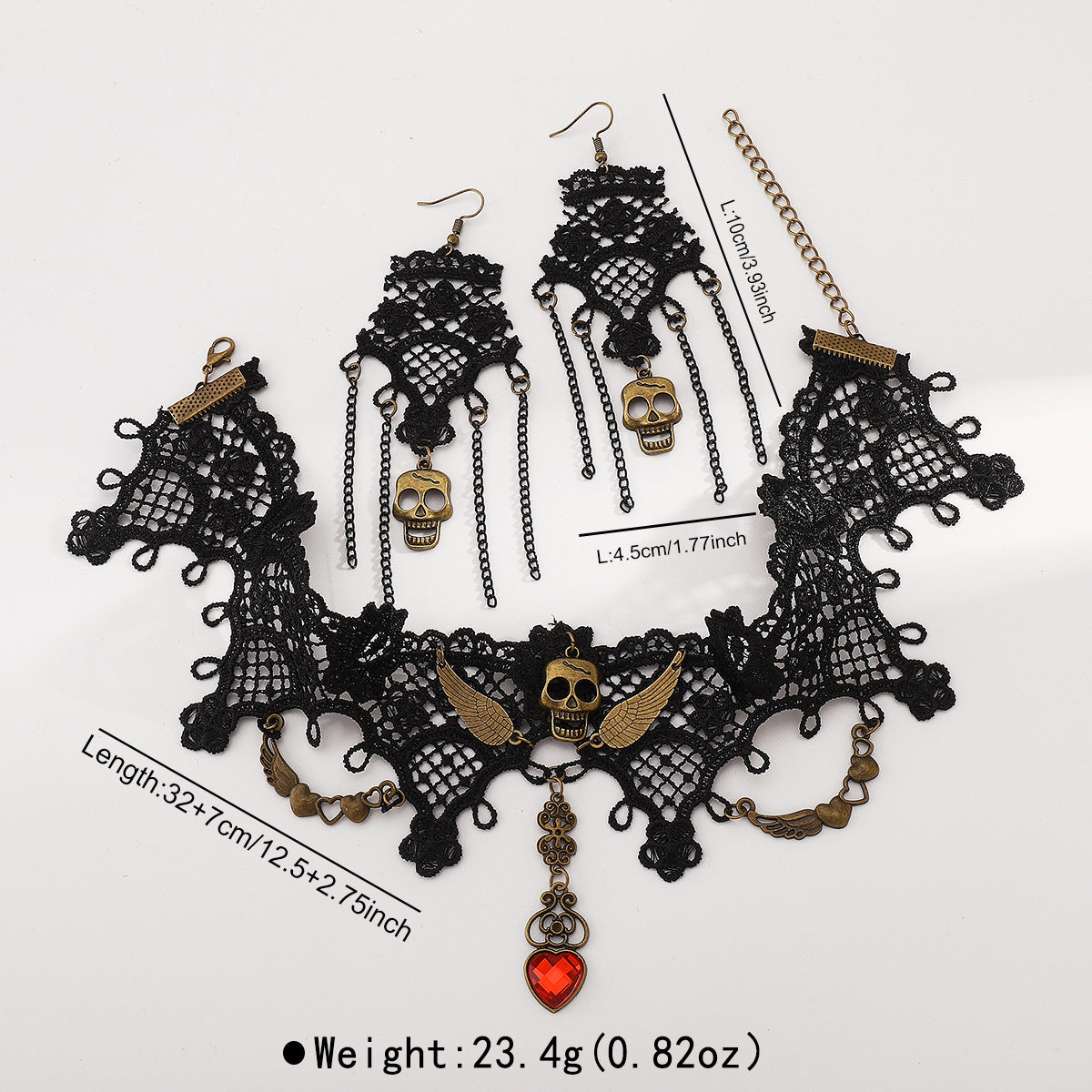Conjunto de gargantilla y pendientes de encaje gótico atrevido con colgante de calavera de aleación sobre base de hierro con flecos