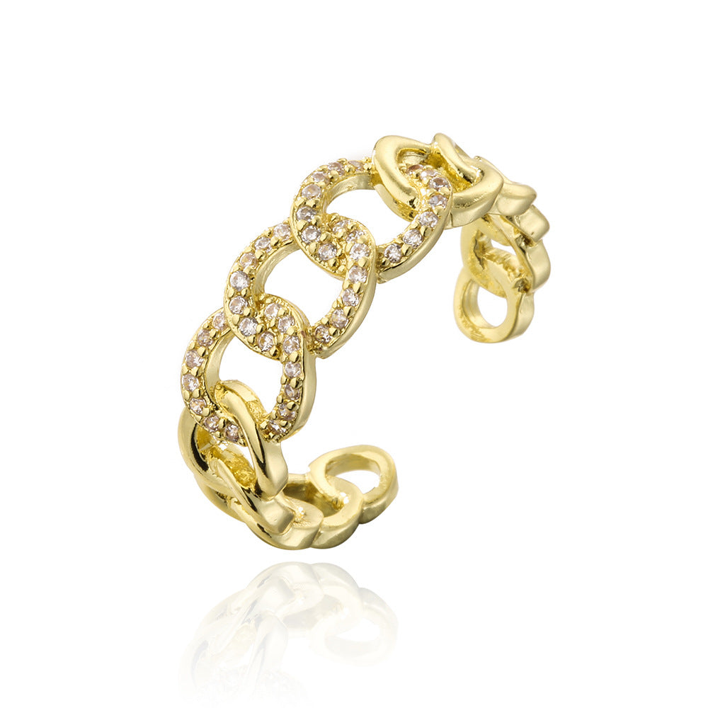Anello Aperto Geometrico Stile INS da Donna Realizzato in Rame con Placcatura in Oro 18K e Zirconi Micro-Incastonati