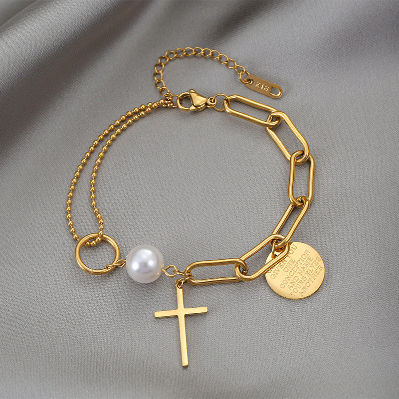 Pulsera minimalista de acero de titanio con cadena irregular, perla, cruz y colgante redondo para mujer
