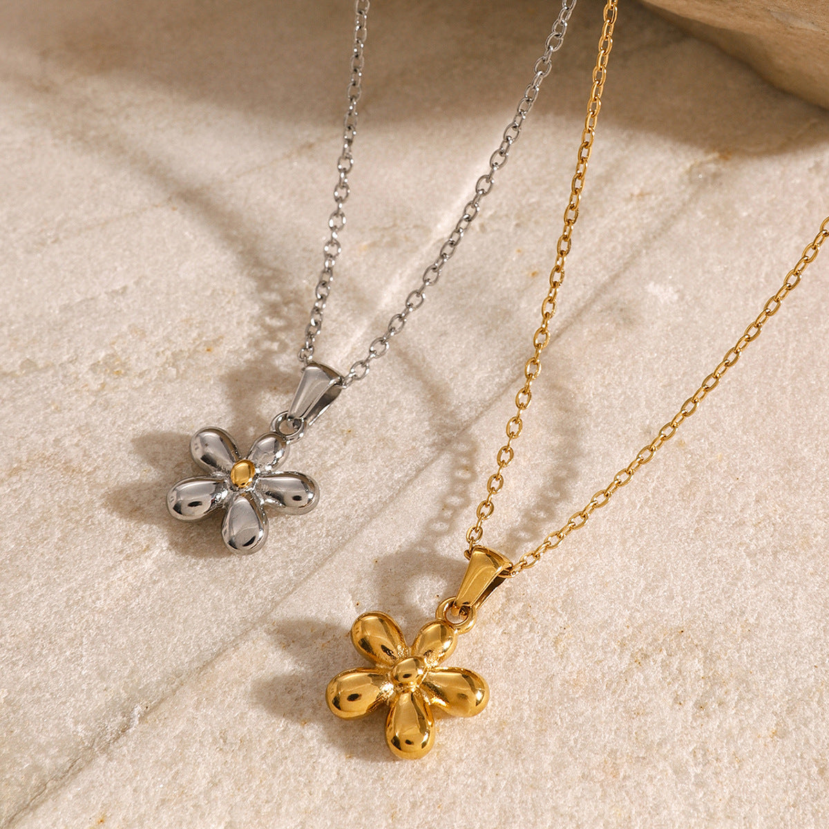 Floral Shape Stainless Steel Pendant Necklace with Titanium Steel Charm and Plated Finish Snake Chain for Women