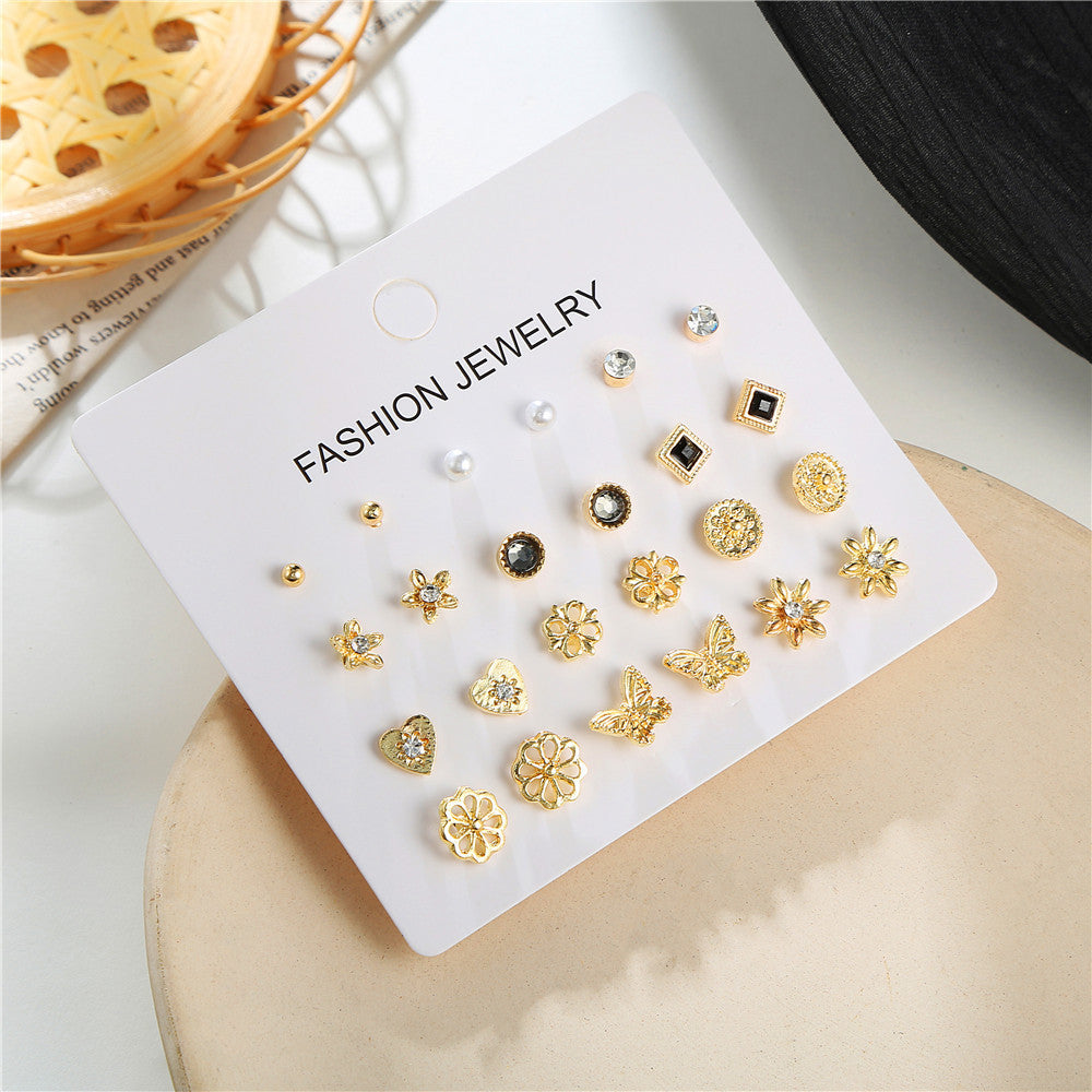 Minimalist Casual Geometric Butterfly Floral Gold Plated Stainless Steel Rhinestone Stud Earrings Set