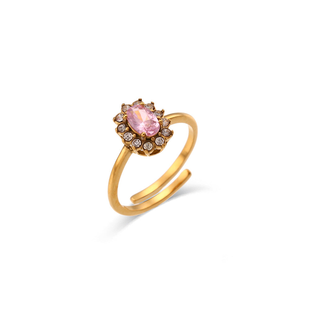 Minimalist Luxe Oval-Shaped Stainless Steel Plated 18K Gold Adjustable Ring with Cubic Zirconia