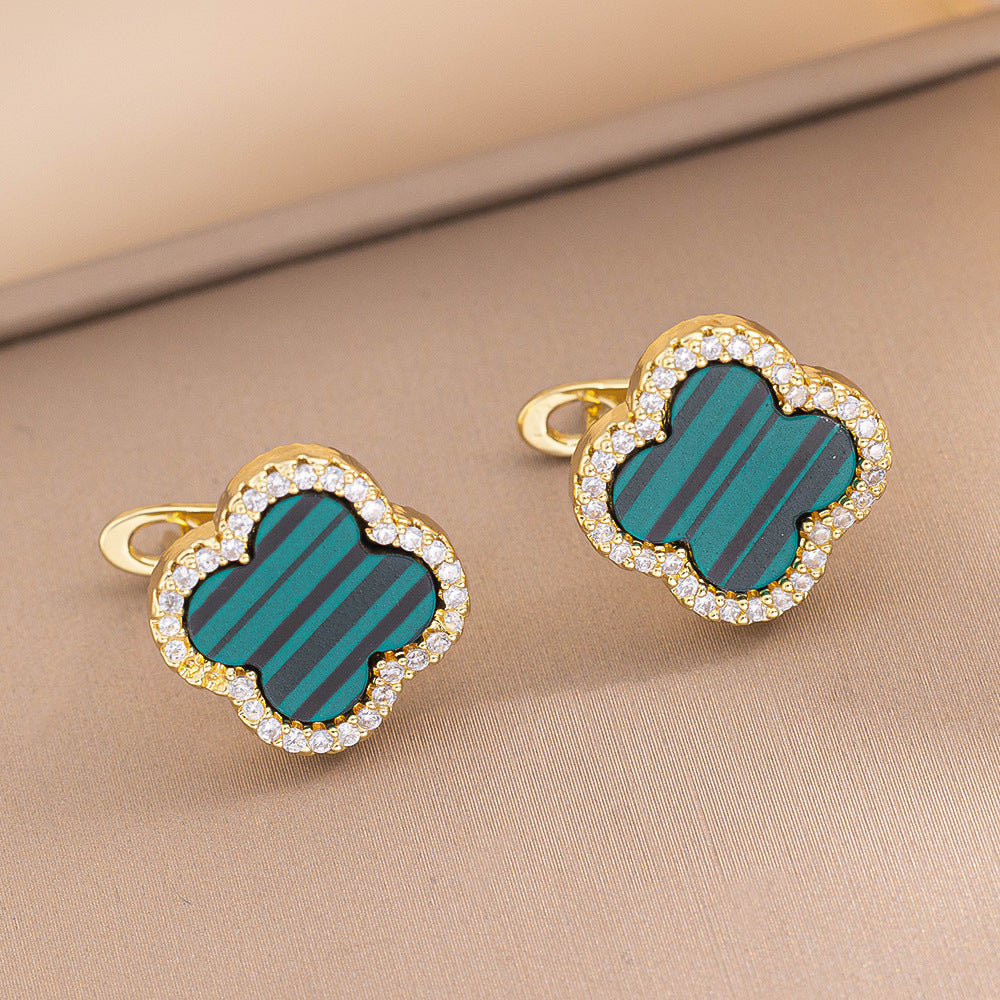 Luxury Clover-Shaped Ear Studs with Gold-Plated Copper Base and Rhinestone Inlay for Women