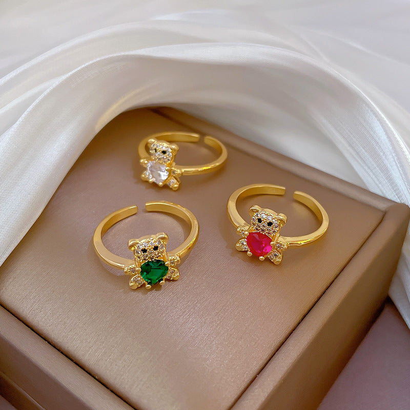 Minimalist Bear-Shaped Brass Ring with Zircon Inlay for Women Adjustable Finger Ring