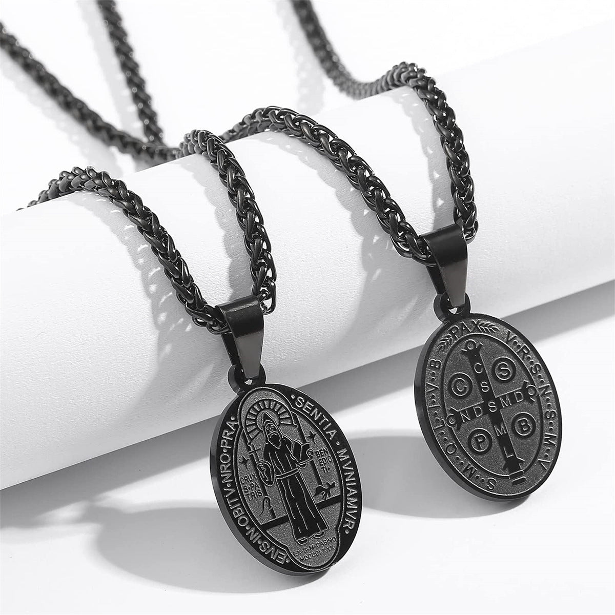 Minimalist Geometric Stainless Steel Saint Benedict Medal Pendant Necklace with Plated Finish for Women