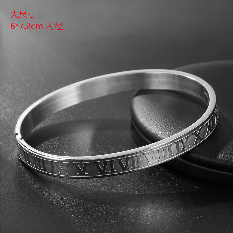 Punk Hip-hop Large Roman Letter Geometric Round Titanium Steel Stainless Steel Plated Open Cuff Bracelet for Unisex