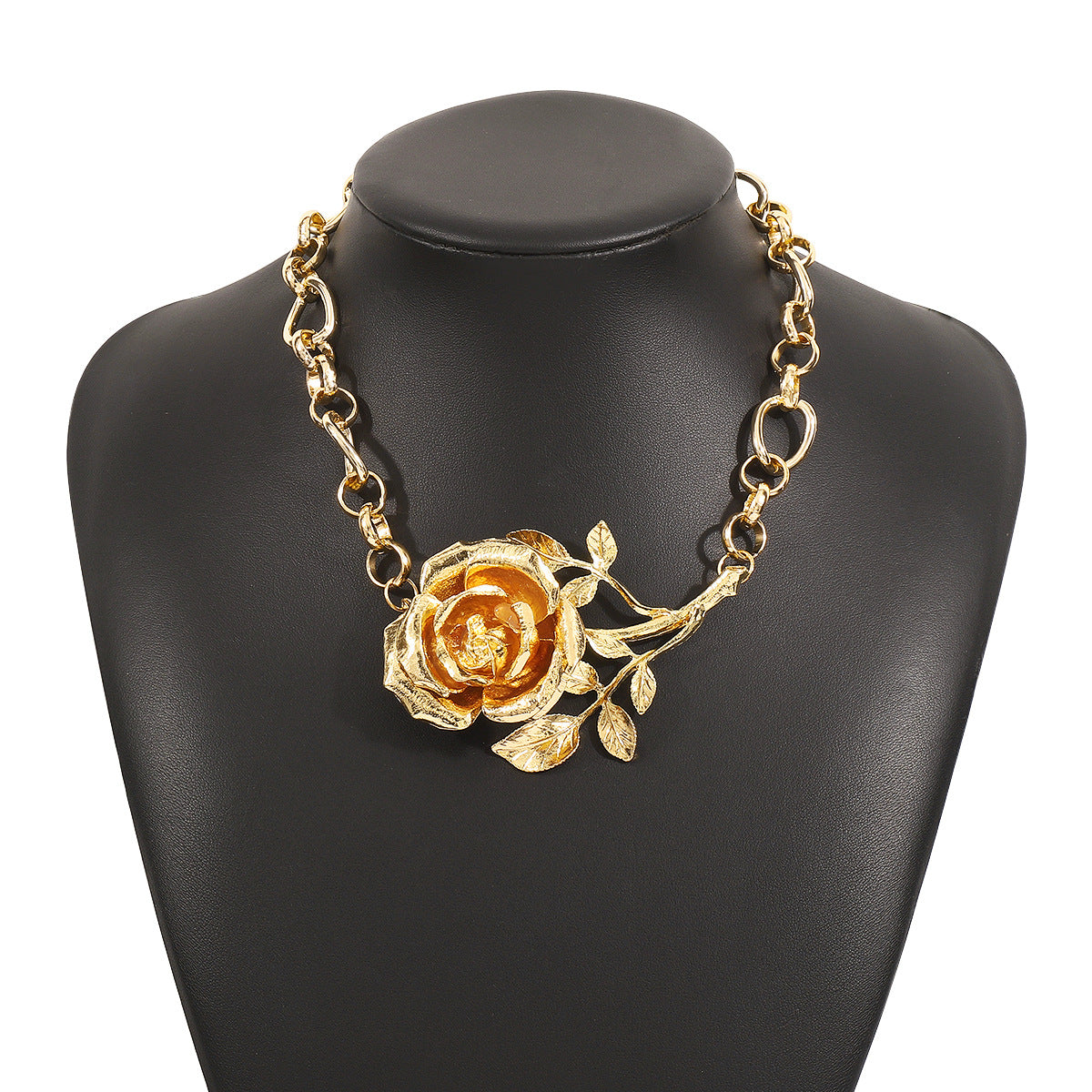 Collar con colgante de rosa floral exagerado para mujer con colgante de aleación y cadena de aluminio, collar estilo relicario galvanizado