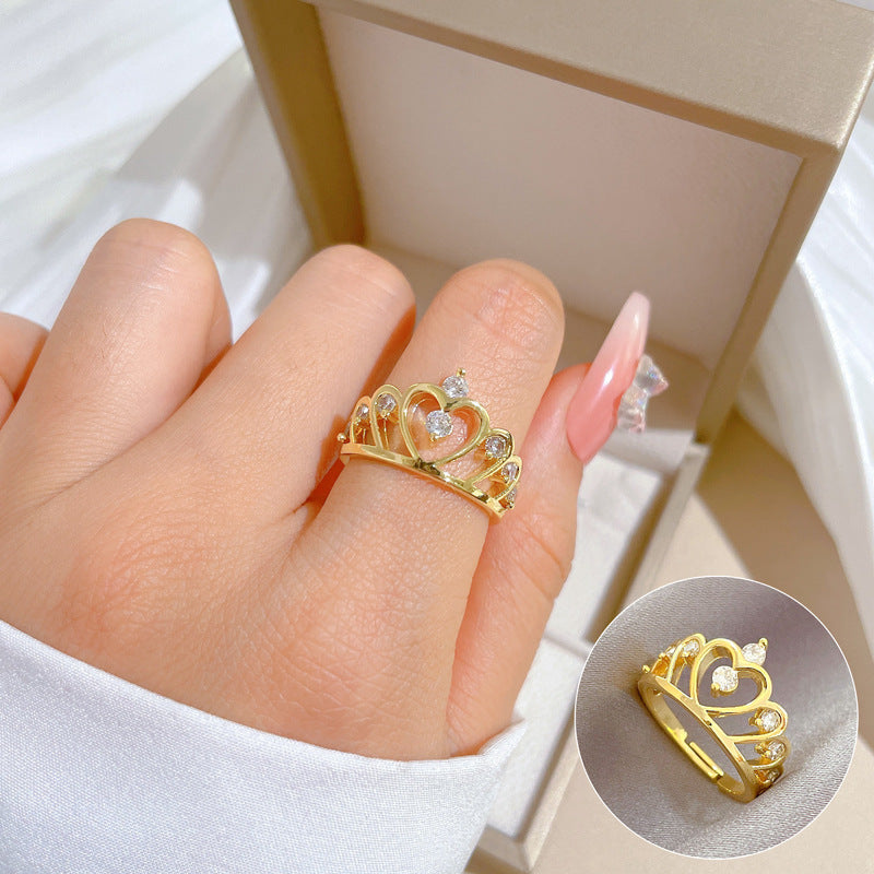 Minimalist Adjustable Crown-Shaped Hollow Ring for Women Made of Brass with Electroplated Finish