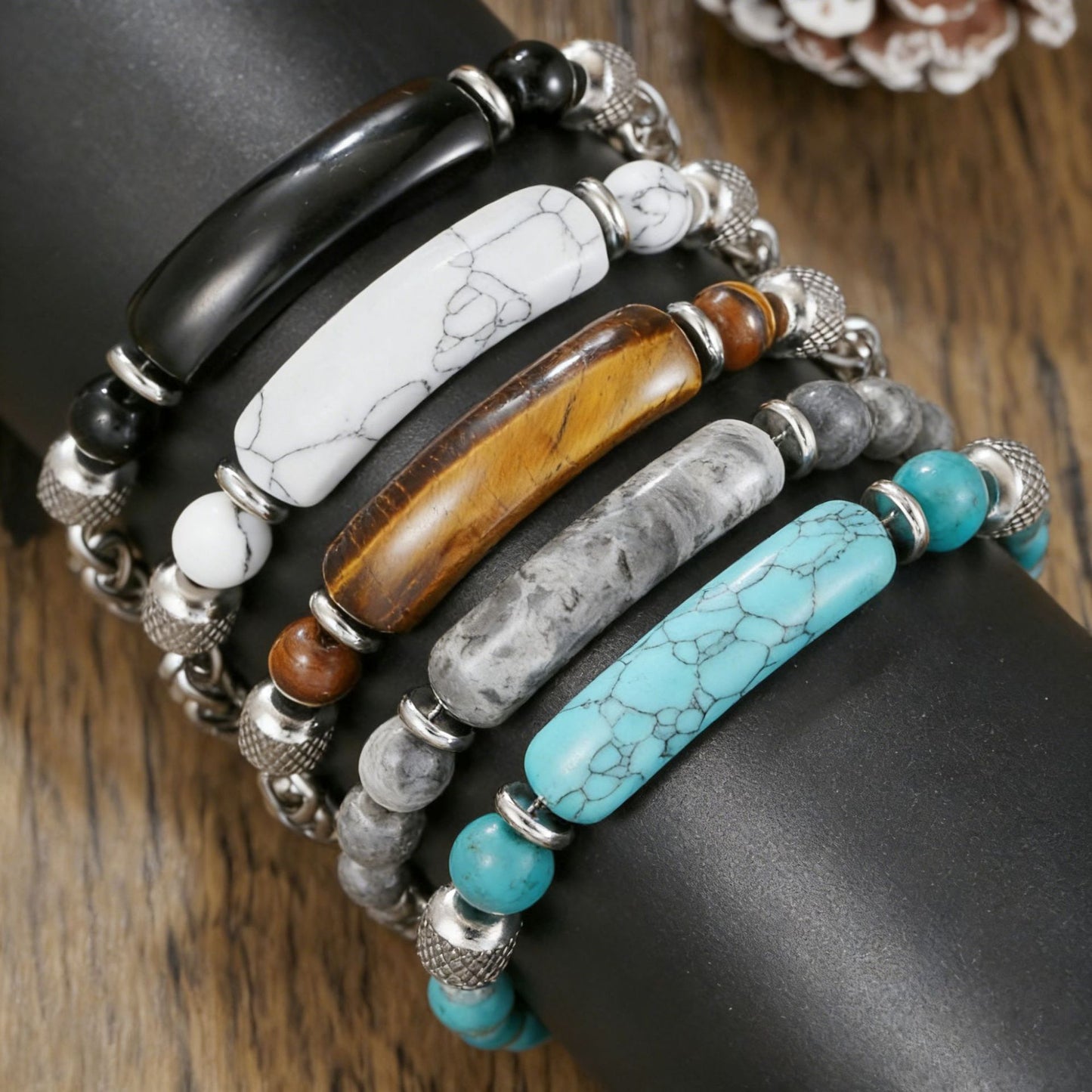 Geometric Stainless Steel Bracelet with Natural Agate and Turquoise Beads for Men and Women