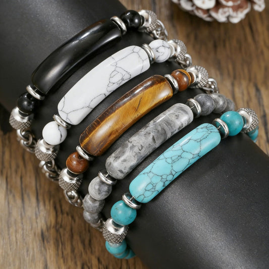 Geometric Stainless Steel Bracelet with Natural Agate and Turquoise Beads for Men and Women