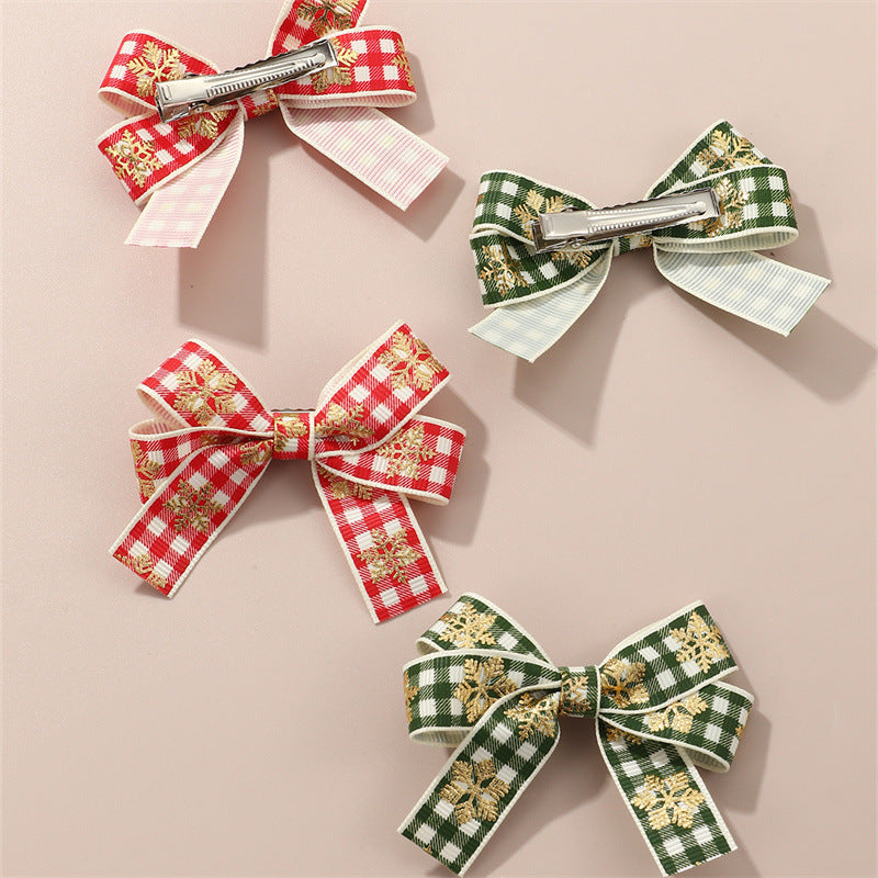 Set de pinzas para el pelo con temática navideña para niñas, construcción de tela en forma de lazo, estampado a cuadros rojos y verdes y copos de nieve, diseño fresco y minimalista