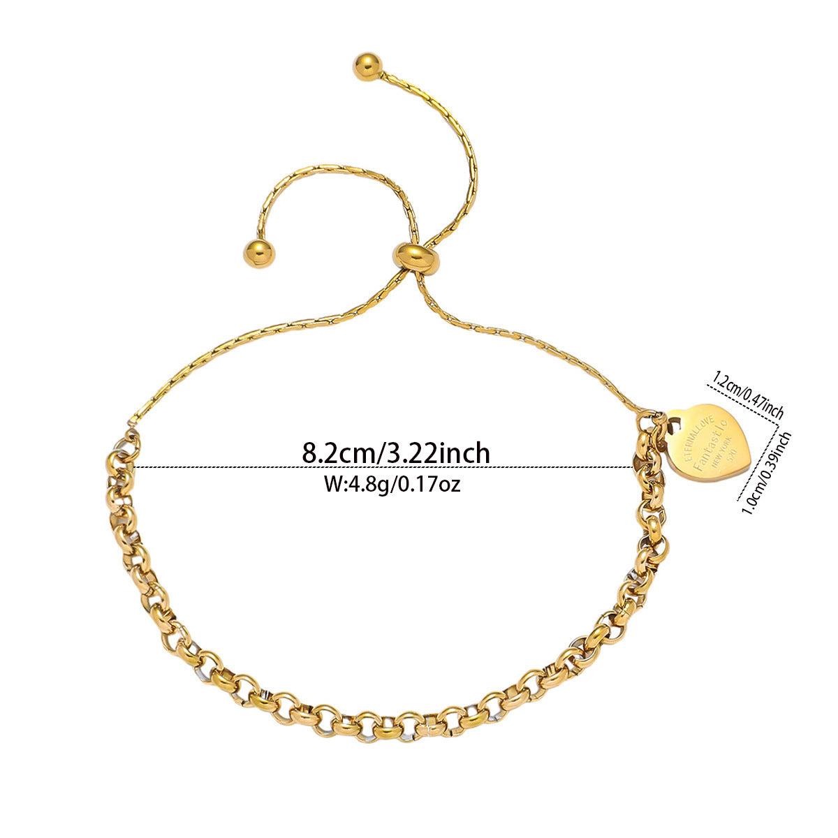 Sweet Minimalist Heart Shaped Stainless Steel Gold Plated Adjustable Bracelet for Women