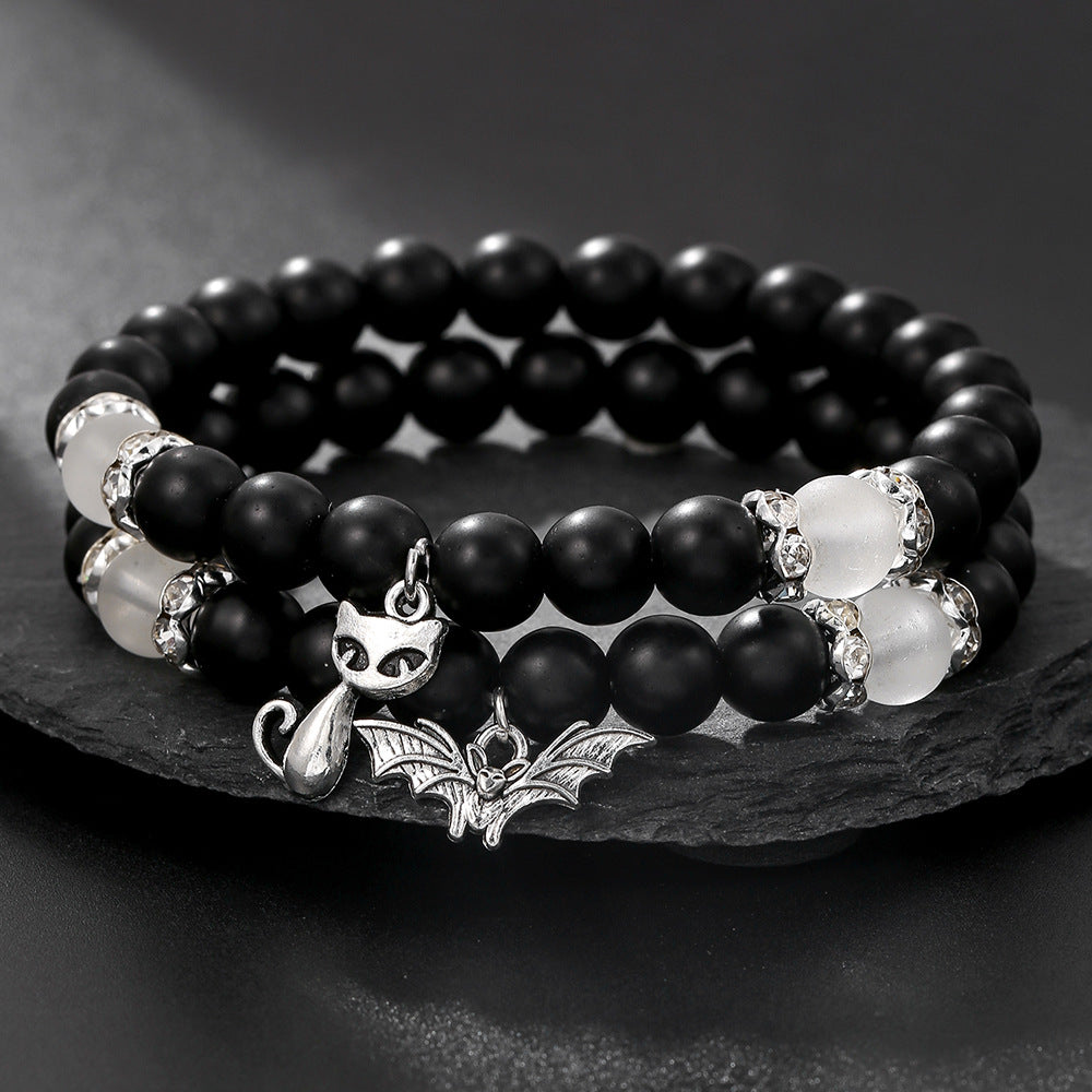 Minimalist Black Matte Geometric Cat and Bat Pendant Beaded Stretch Bracelet