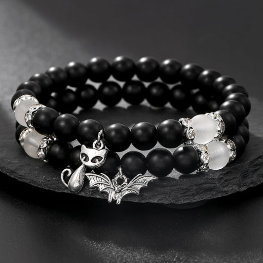 Minimalist Black Matte Geometric Cat and Bat Pendant Beaded Stretch Bracelet