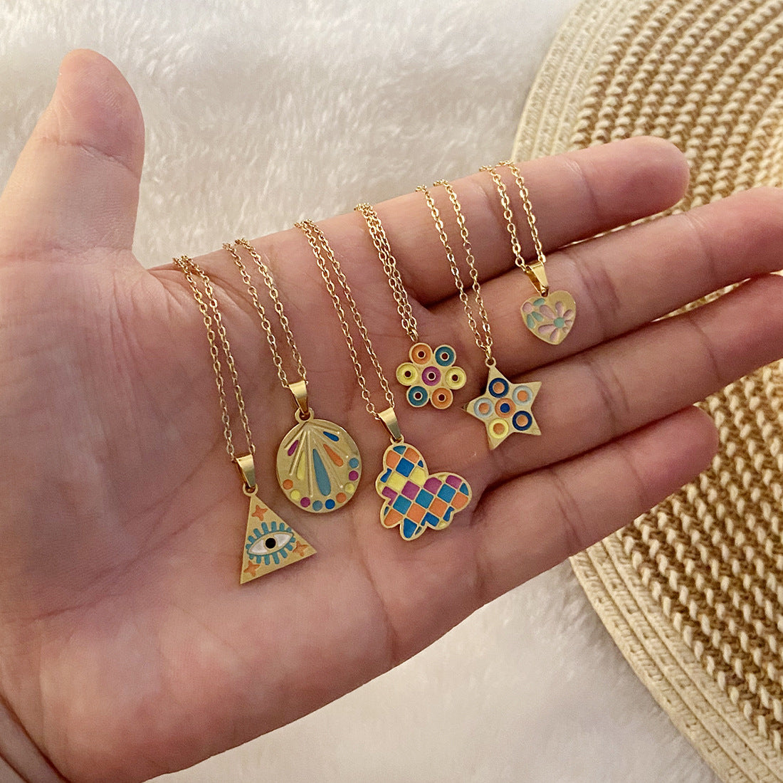 Colorful Butterfly Pendant Necklace in Geometric Triangle and Star Shapes Made of Stainless Steel for Women