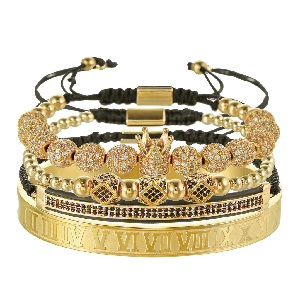 Vintage Punk Geometric Crown Brass Micro-inlay Cubic Zirconia Stainless Steel Braided Bracelet Set for Unisex