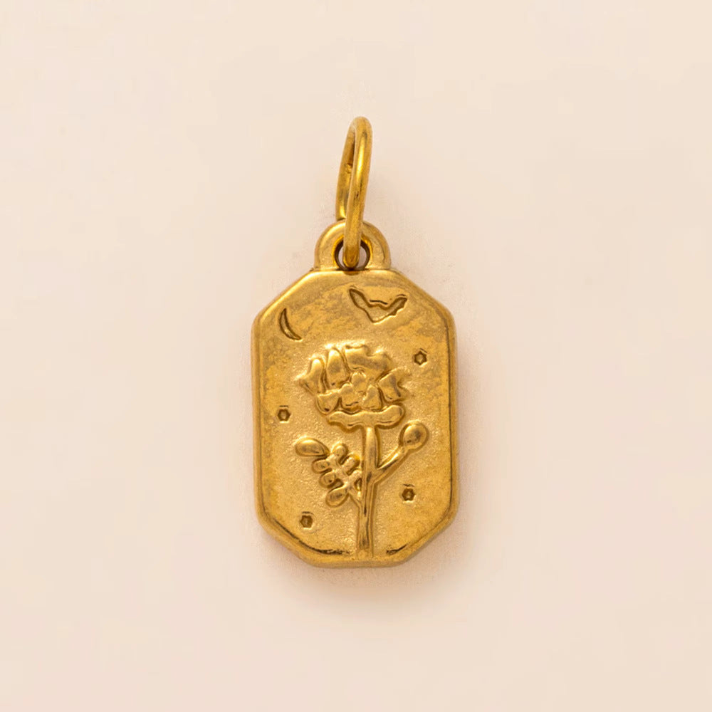 Vintage Floral Plant Stainless Steel PVD Gold Plated DIY Charm Bar Pendant
