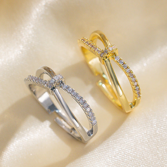 Minimalist Cross-Knotted Ring for Women with Micro-Pavé Rhinestones in Gold-Plated Copper, Geometric Open-Ended Design