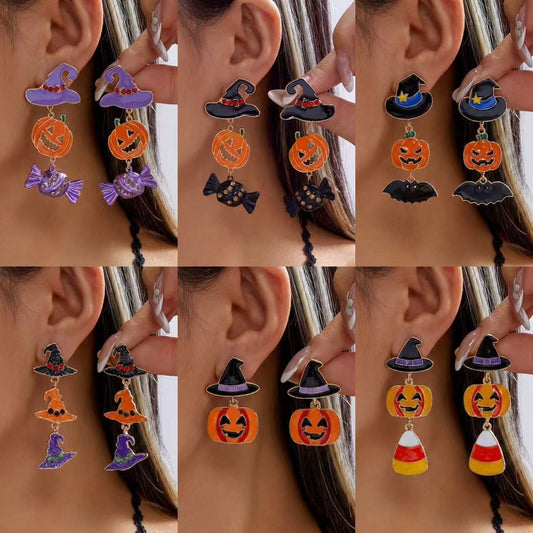 Cute Halloween Pumpkin and Witch Hat Drip Oil Plated Alloy Earrings Unisex Cartoon Drop Earrings