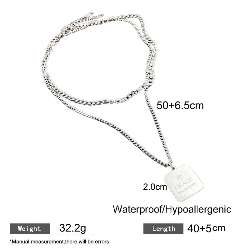 Minimalist Streetwear Silver Plated Titanium Steel Square Geometric Letter Pendant Necklace for Unisex