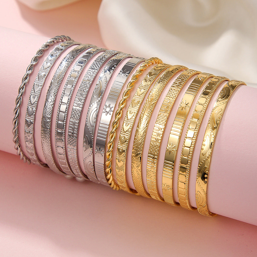 Bohemian Hammered Geometric Star Alloy Cuff Bracelet Set