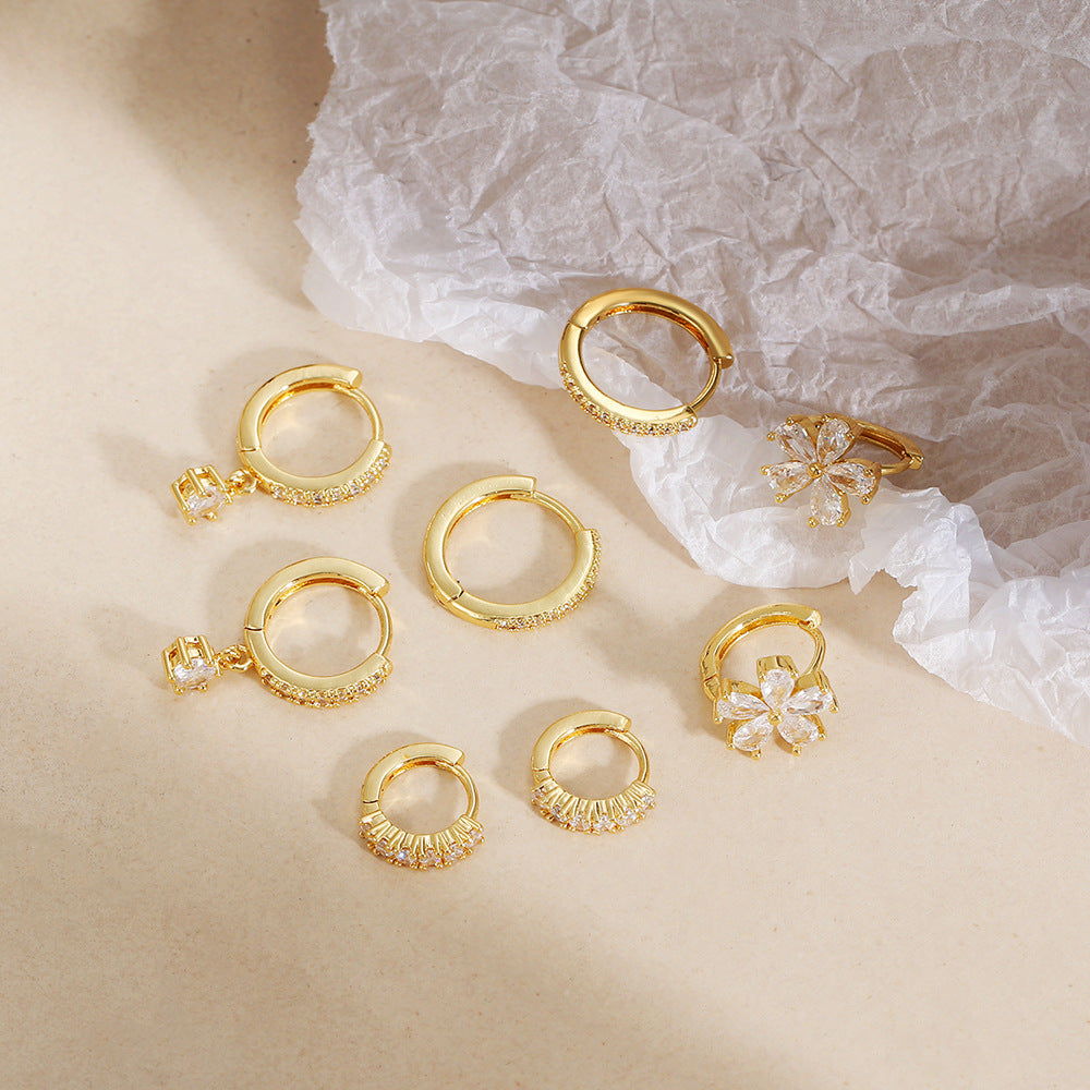 Minimalist Geometric Round Floral Brass Gold Plated Cubic Zirconia Earring Set for Women