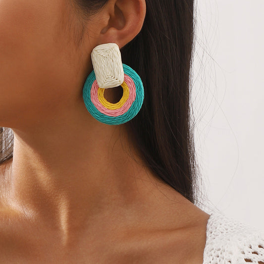 Orecchini Pendenti Geometrici in Rafia Intrecciata Stile Bohemien per Donna, Gioielli Estivi Freschi e Dolci per le Vacanze