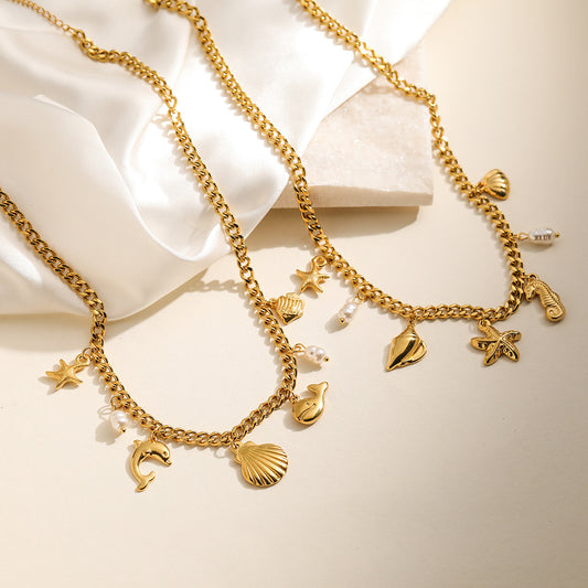Collar Minimalista Geométrico de Acero Inoxidable para Mujer con Baño de Oro de 18K Cadena de Clavícula Inspirada en el Océano