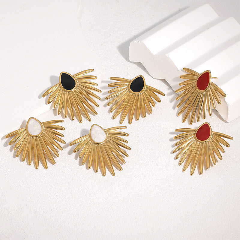 Fashion Geometric Fan Shape Stainless Steel Earrings with 18K Gold Plating and Enamel Drop Oil Finish for Women