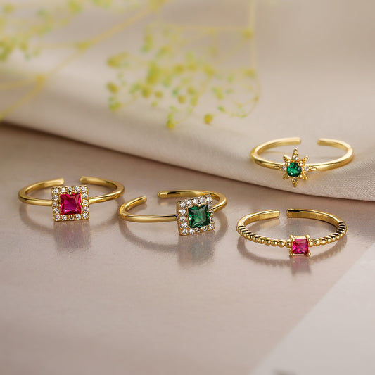 Minimalist Geometric Square Zirconia Open Ring for Women in Brass with Gold Plating