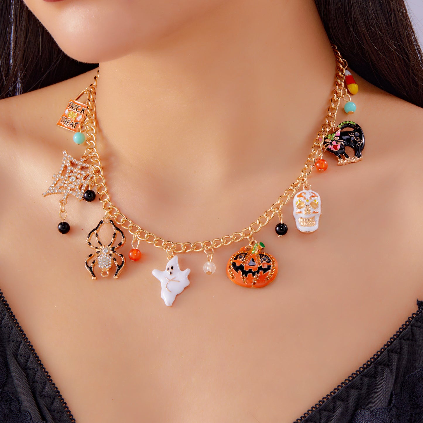 Set bracciale e collana in lega con fantasmi, ragni e zucche a tema Halloween, placcato elettroliticamente, unisex