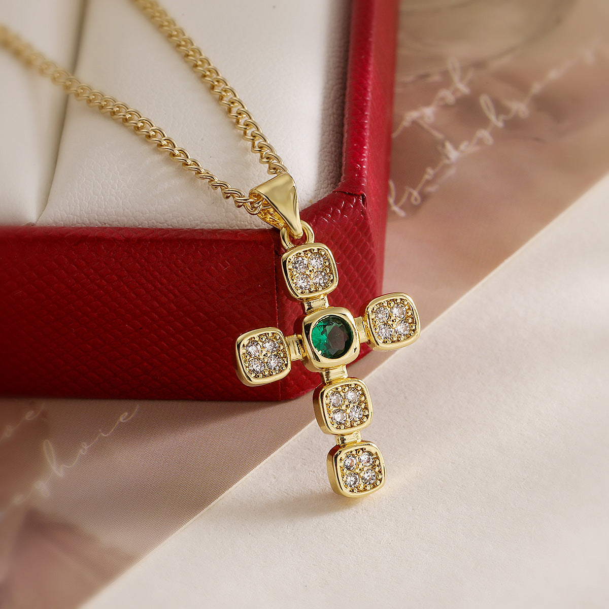 Minimalist Geometric Cross Pendant Necklace in Copper with 18K Gold Plating and Zircon Inlay for Women
