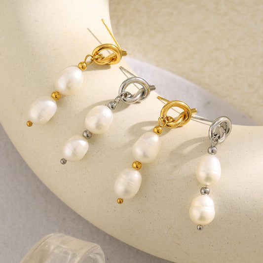 Minimalist Luxe Stainless Steel Ear Studs with 18K Gold Plated Knotted Coil Design and Pearl Pendant