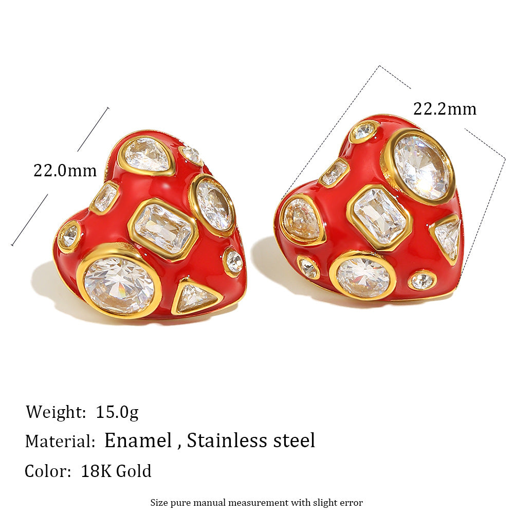 Pendientes minimalistas de acero inoxidable con forma de corazón, chapados en oro de 18K y detalles de esmalte rojo, con circonita blanca