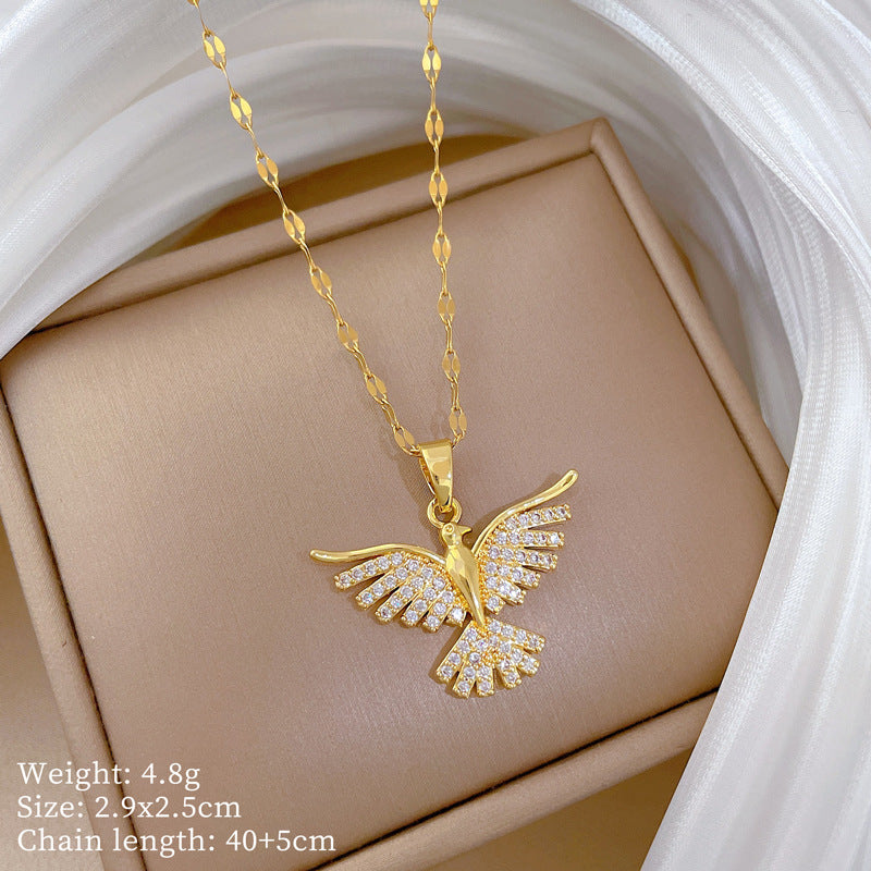 Sweet Geometric Phoenix Titanium Steel Necklace with Brass Pendant for Women