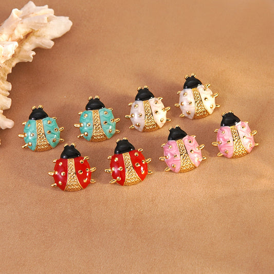 Aretes de acero inoxidable de mariquita con goteo de aceite dulce y colorido para mujer