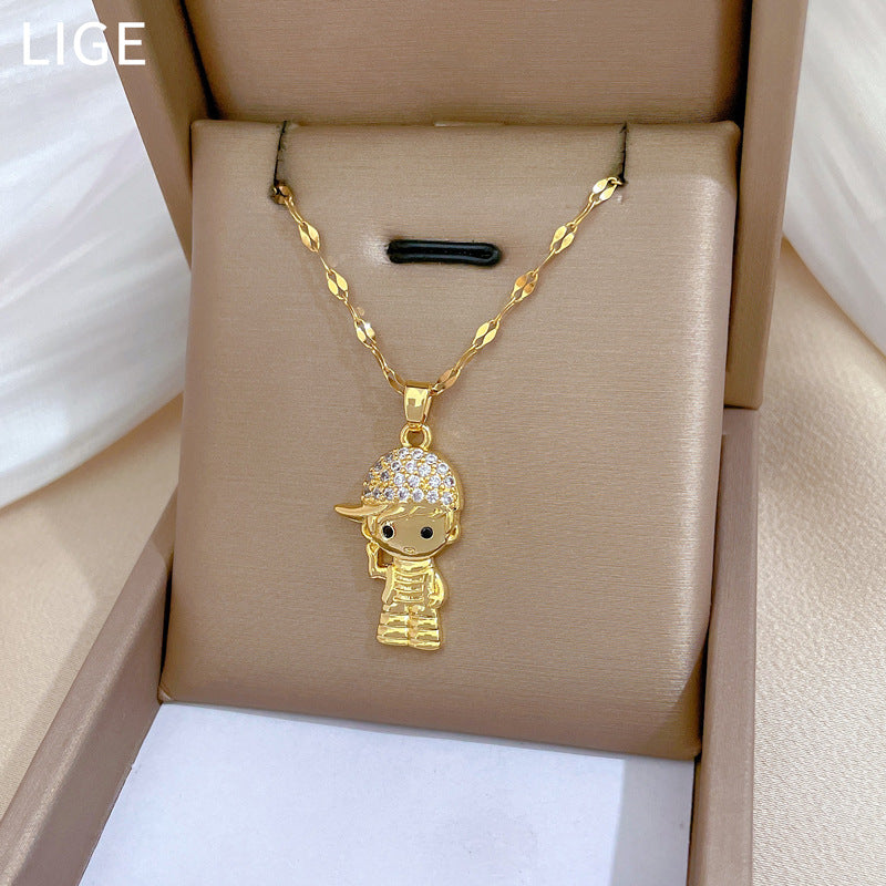 Collar de lujo con colgante de luna geométrica para mujer y hombre, cadena de clavícula de acero inoxidable con incrustaciones de diamantes de imitación
