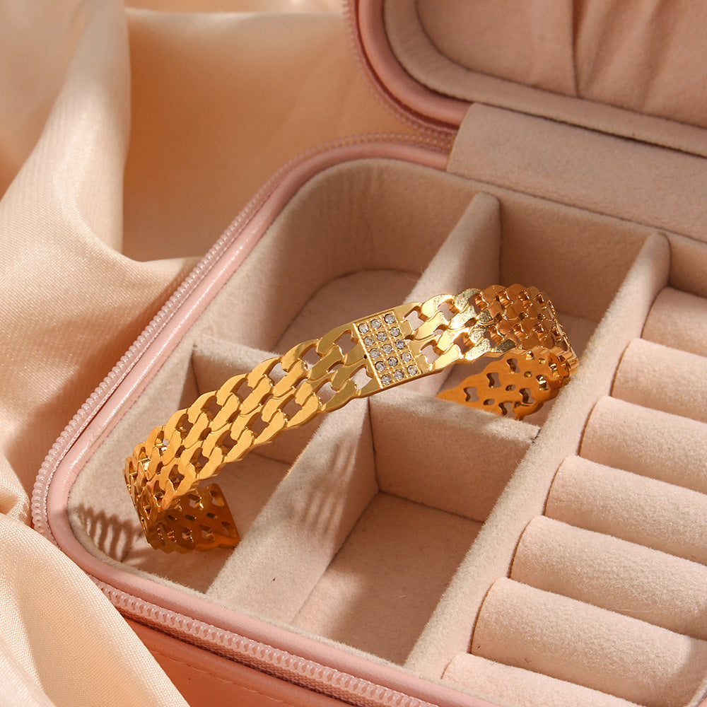 Bracciale da donna in acciaio inossidabile placcato oro 18 carati con doppia maglia e zirconi, in stile minimalista e ispirazione vintage