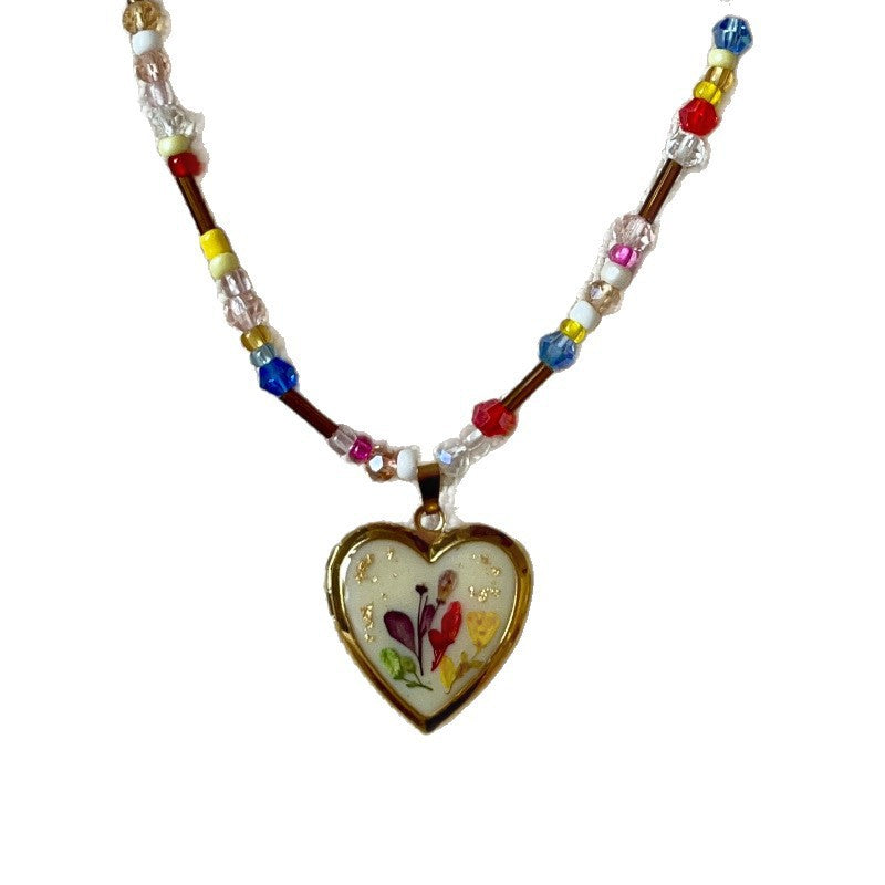 Vintage Painted Floral Heart Oval Brass Plated Pendant