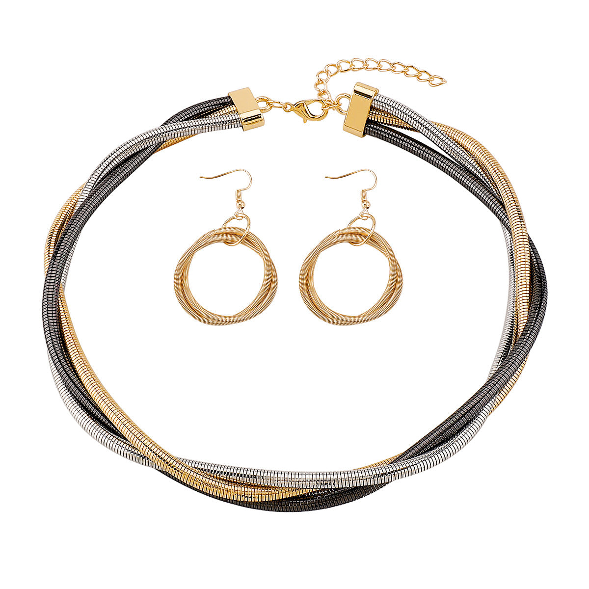 Conjunto de collar y pendientes de metal entrelazado de tres hebras multicapa con cadena de serpiente geométrica estilo punk con acabado chapado