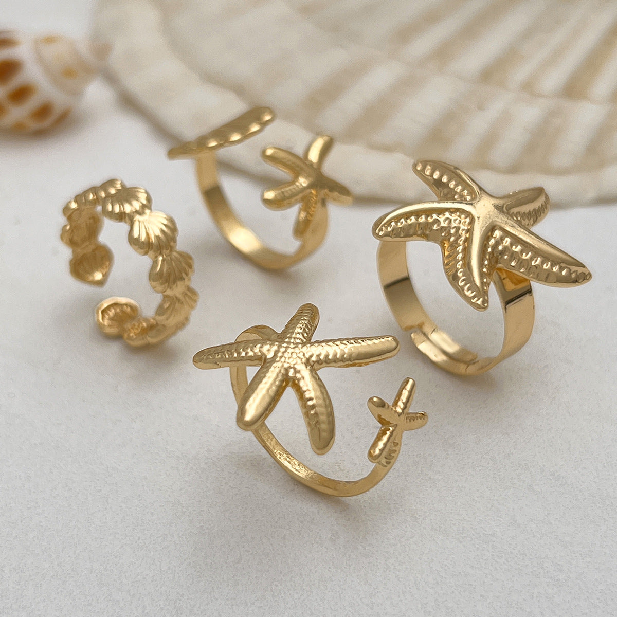 Geometric Starfish Plated Zinc Alloy Adjustable Ring Set for Women