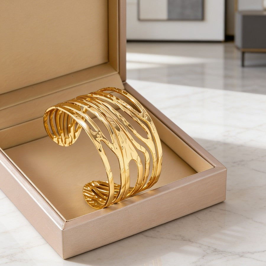 Bracciale a Polsino Minimalista Geometrico Cavo Aperto in Acciaio Inossidabile con Pressione dell'Olio