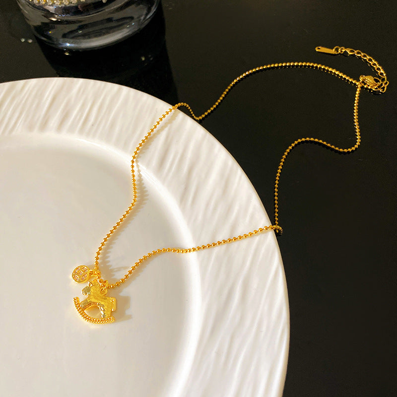 18K Gold Plated Geometric Horse Pendant Titanium Steel Ball Chain Necklace
