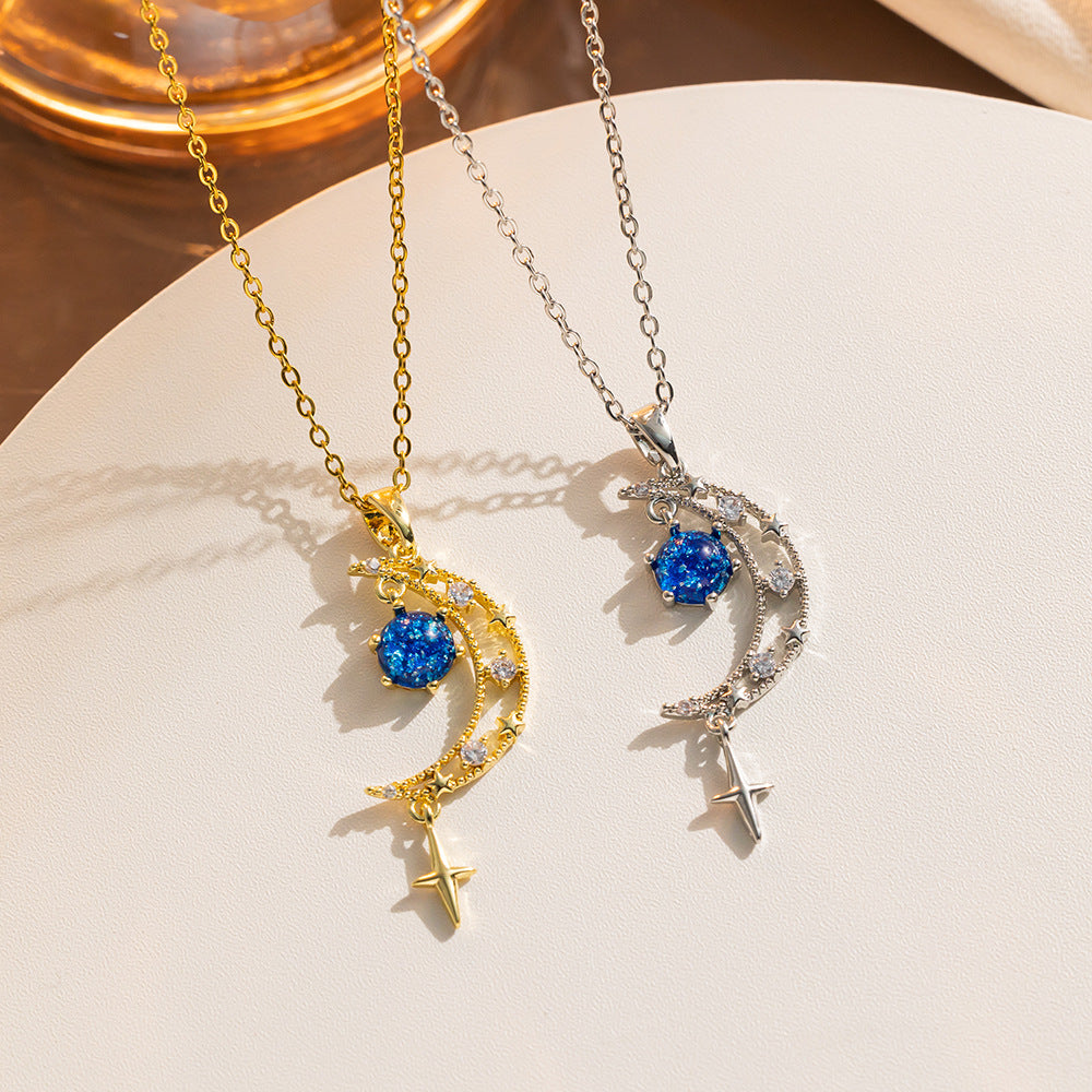 Minimalist Moon and Star Pendant Necklace for Women in Titanium Steel with Electroplated Finish, Delicate Clavicle Chain