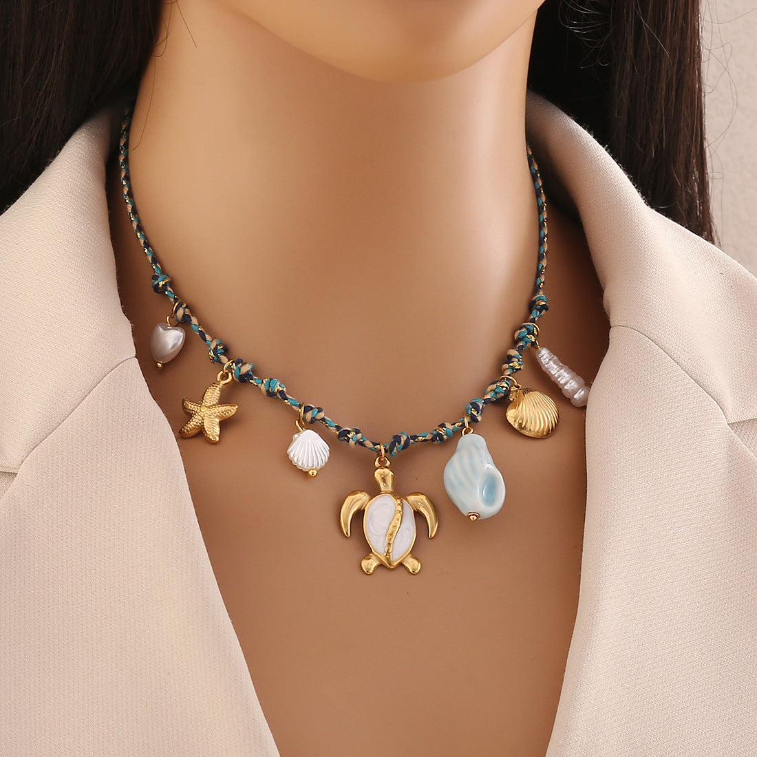 Bohemian Handmade Starfish and Seashell Pendant Necklace for Women Stainless Steel Beach-Themed Jewelry