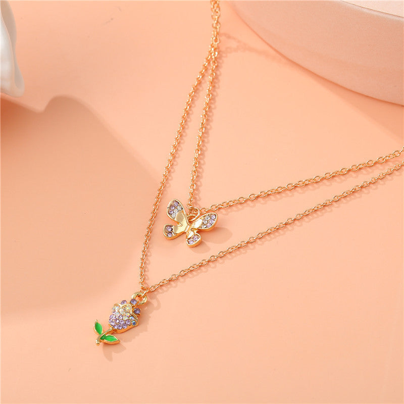 Elegante Collana con Ciondolo a Farfalla e Rosa Floreale per Bambini, Collana Multistrato in Lega con Intarsio di Strass e Catena a Croce